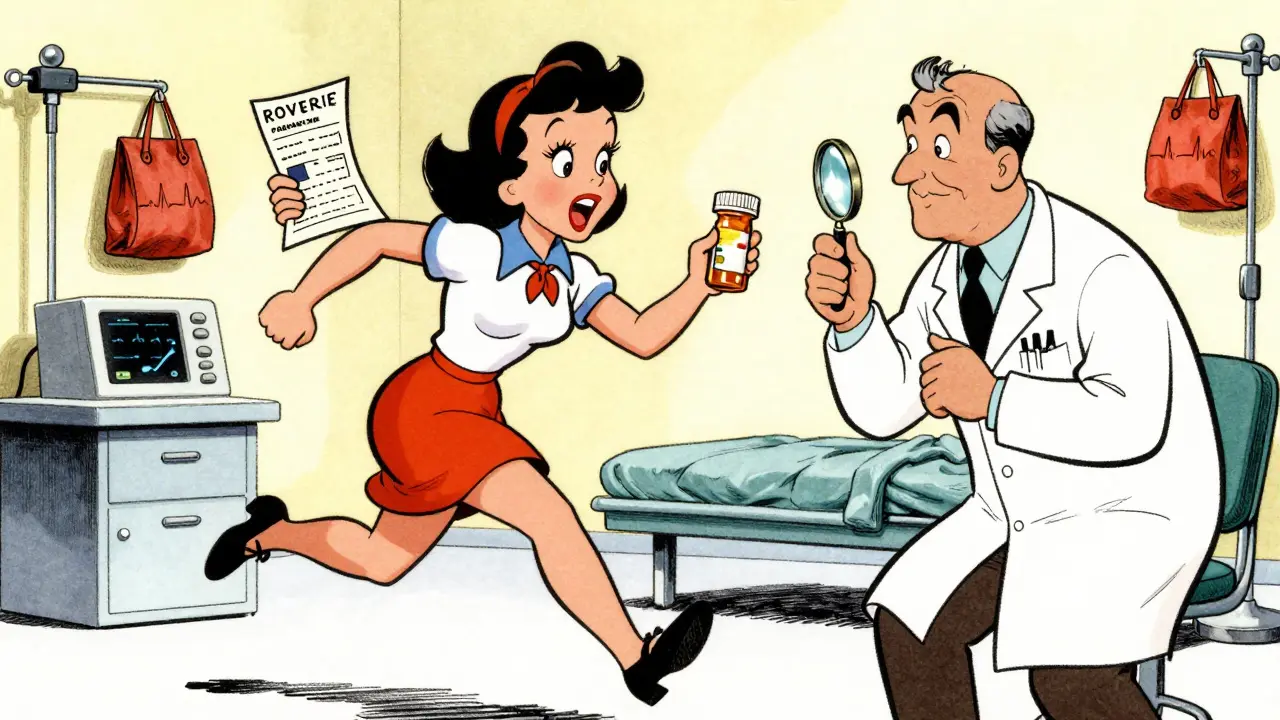 A woman rushing into an ER with wrong medication, doctor examining it with a magnifying glass.