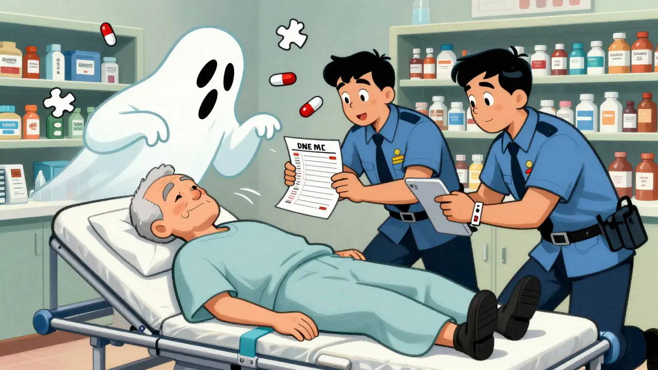 An unconscious patient is helped by paramedics who use a printed medication list and medical ID bracelet.