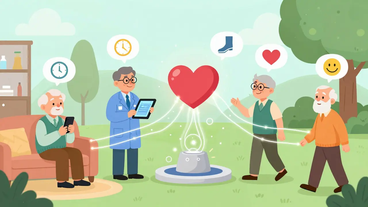Diverse older adults connected by data threads to a heart-shaped hub, representing accessible cognitive screening.