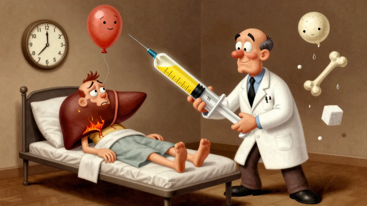 Doctor administering steroids to a liver while side effects float around in vintage cartoon style.
