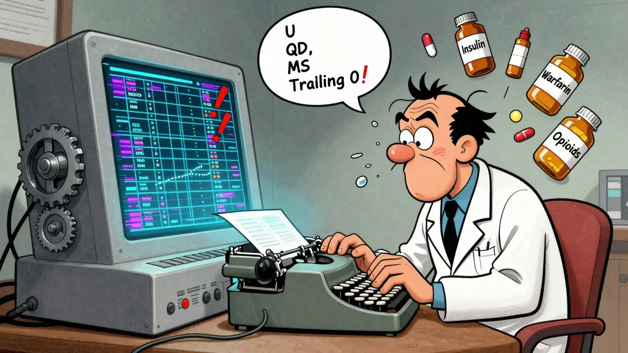 Doctor overwhelmed by a glitching electronic system, surrounded by dangerous medical abbreviations and high-alert medication bottles.