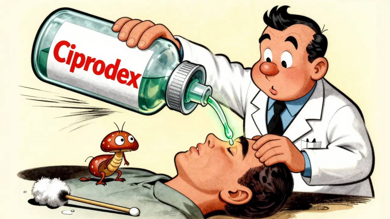 Doctor pouring glowing antibiotic drops into a swollen ear canal, fungus fleeing.