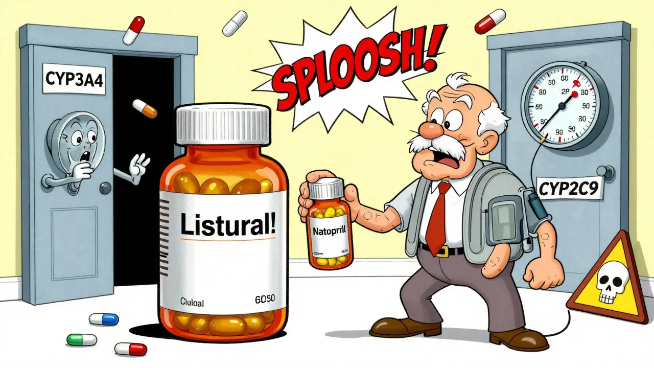 Elderly man shocked as his blood pressure gauge crashes after taking goldenseal with lisinopril.