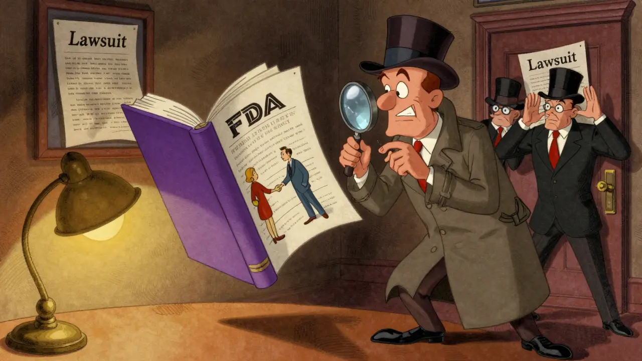 FDA detective examining a floating Purple Book while patent lawyers try to block access with legal papers.