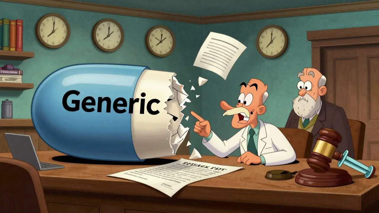 Generic pill splitting patent contract in courtroom with syringe gavel
