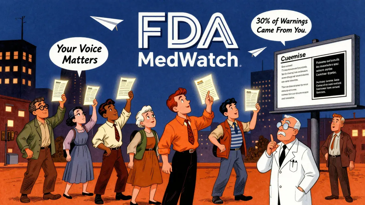 Group of people sending reports into the sky that form a giant FDA logo with changing drug label.