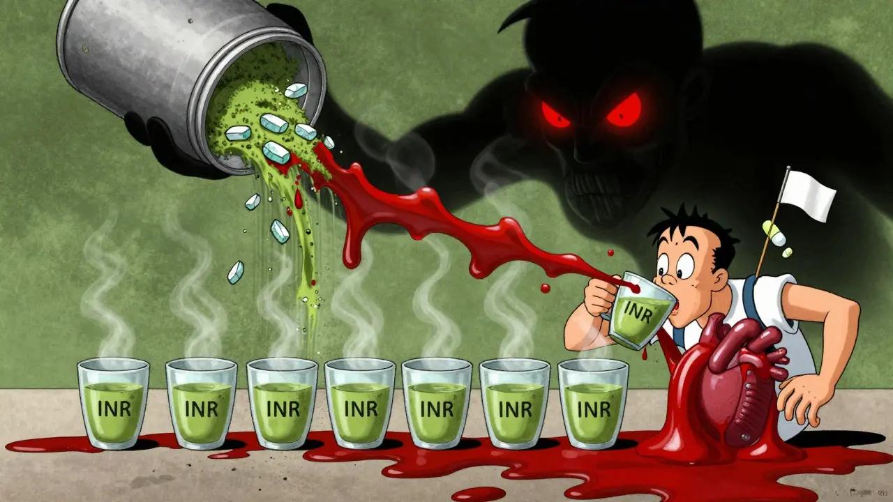 Man drinking multiple green tea cups as matcha can unleashes vitamin K crystals, disrupting his blood clotting.