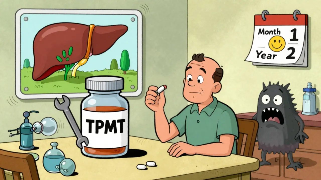 Patient taking azathioprine as TPMT enzyme protects bone marrow, with healing liver in background.