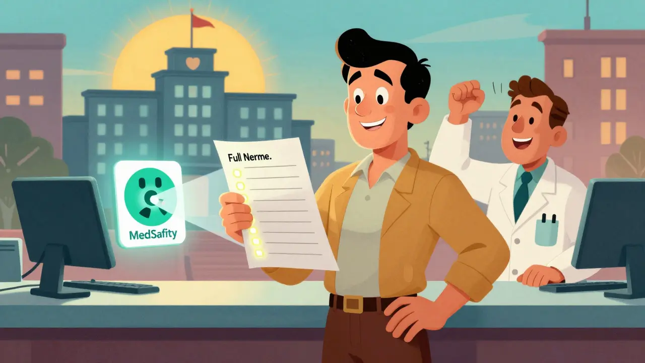 Patient using a checklist at the pharmacy, with a scanning app revealing hidden prescription errors in a vibrant 1930s-style city.