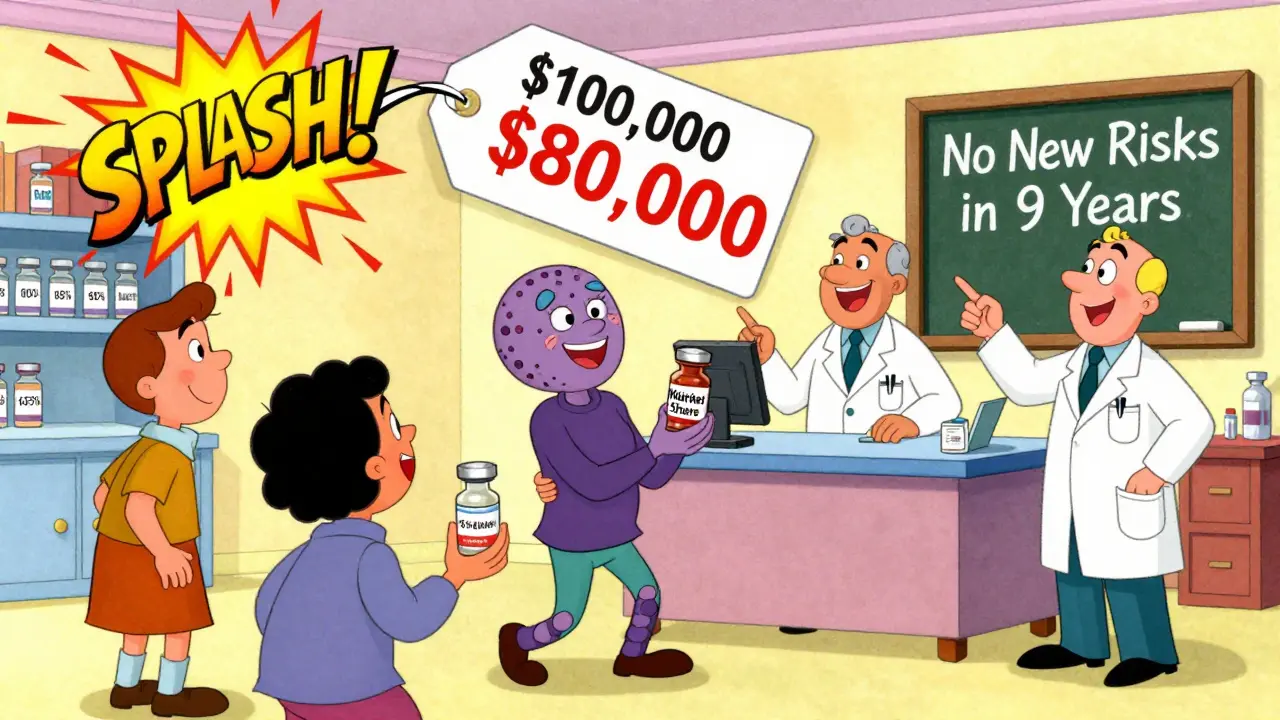 Patients receiving biosimilars at a pharmacy as a price tag drops from 0,000 to ,000 in a vibrant marketplace.