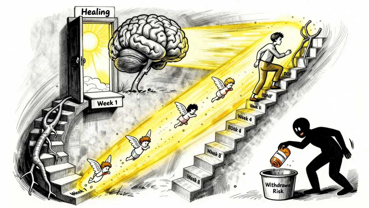 Person climbing a brain staircase as BDNF angels glow, nearing a healing door.