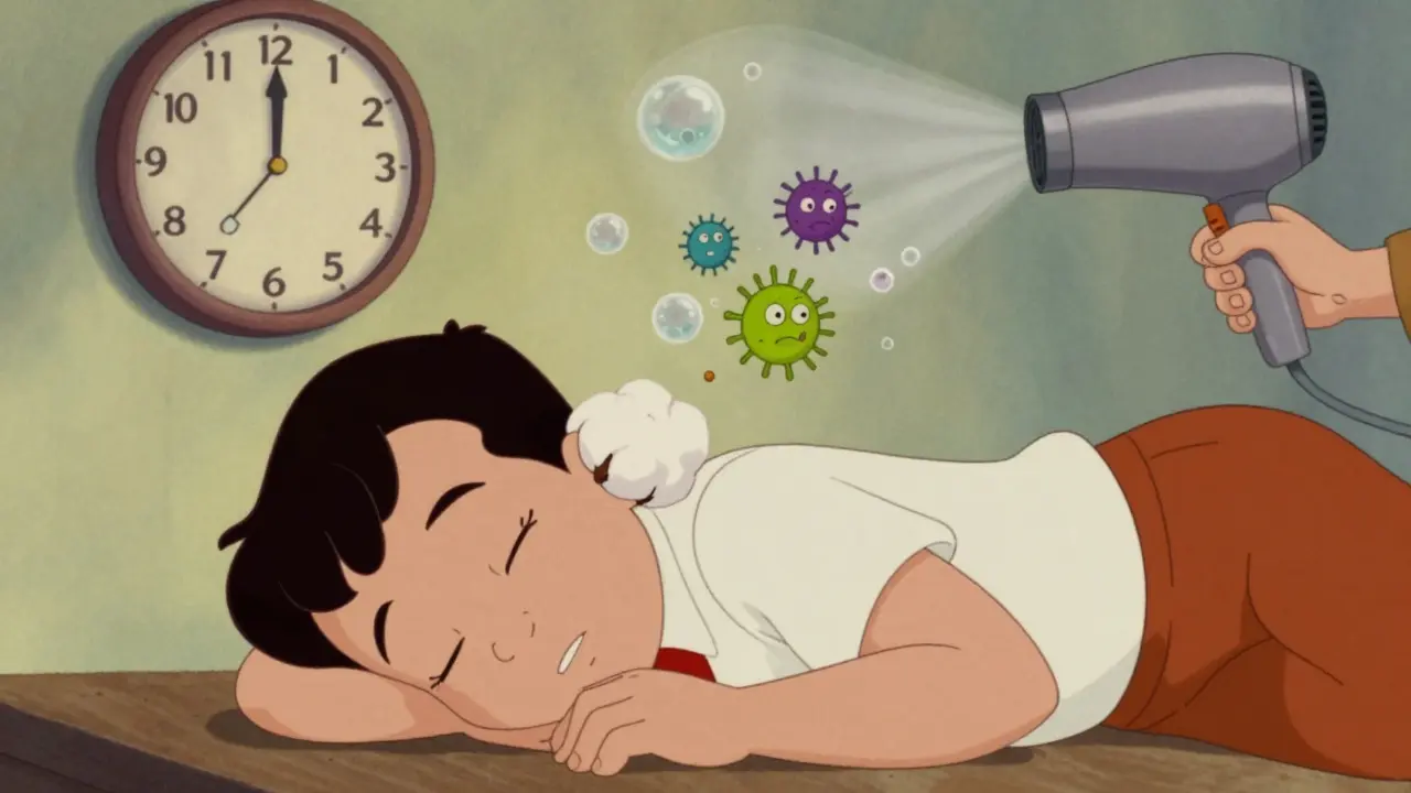 Person lying down with cotton ball in ear, microbes running from healing bubbles.