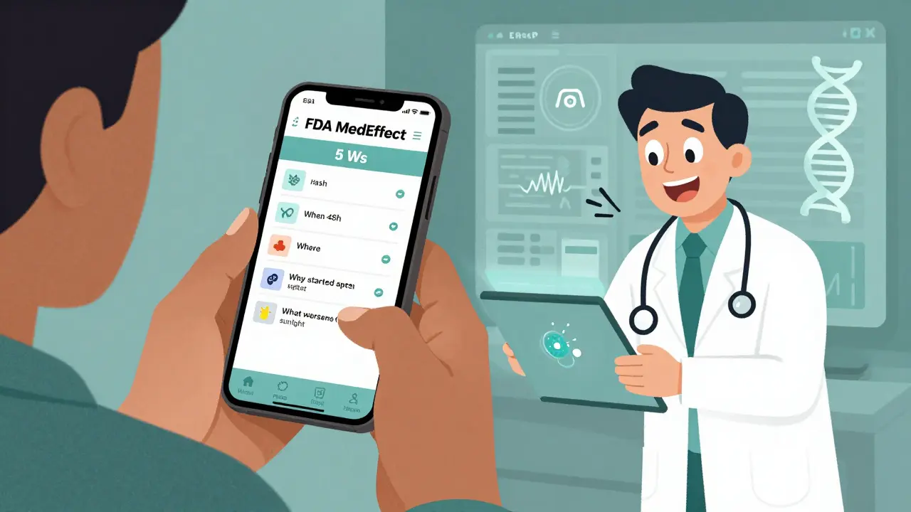 Person using a smartphone app to report side effects to a doctor with glowing medical icons.