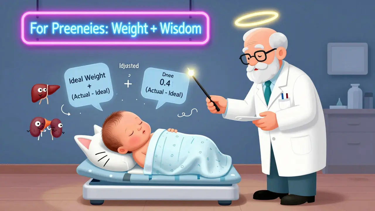 Pharmacist adjusting dose for a newborn using a special formula with animated organs