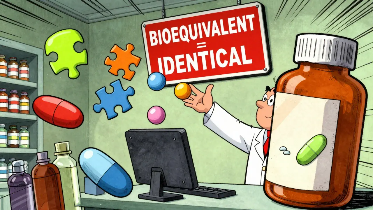 Six differently shaped generic pills fly through the air in a chaotic pharmacy scene with a warning sign.