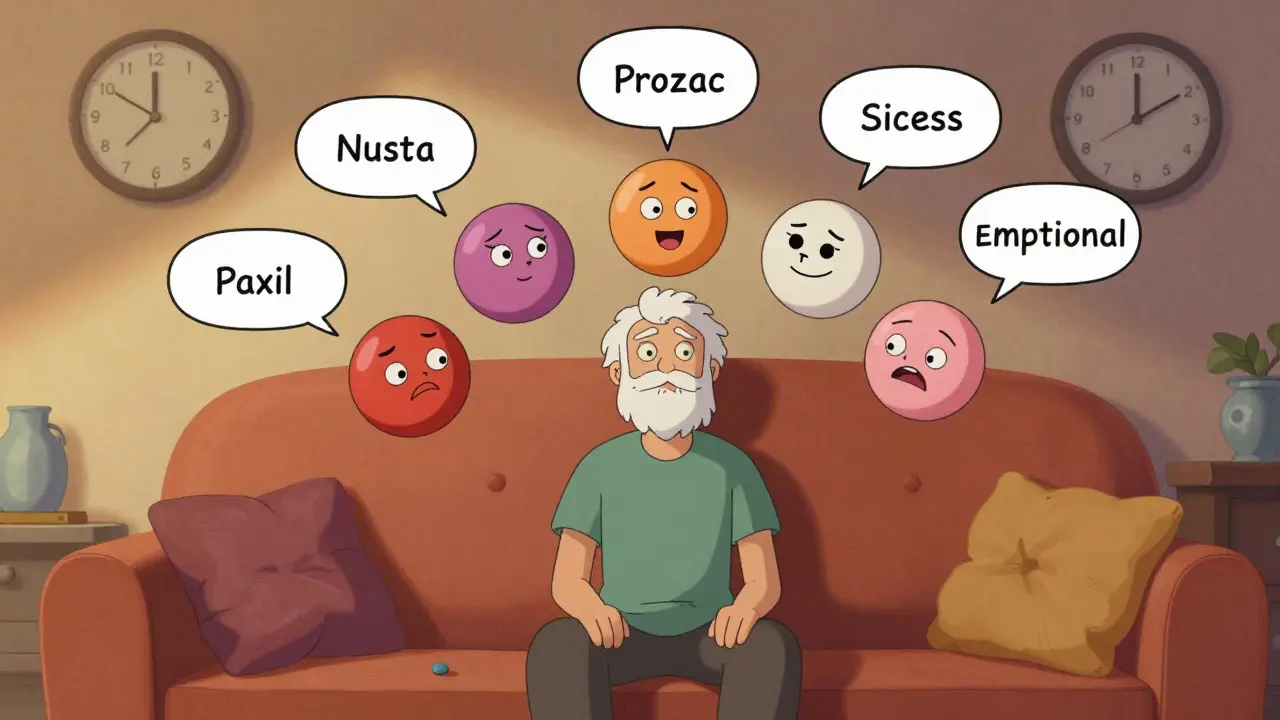 Six personified SSRI pills floating above a person, with side effects shown in comic bubbles.
