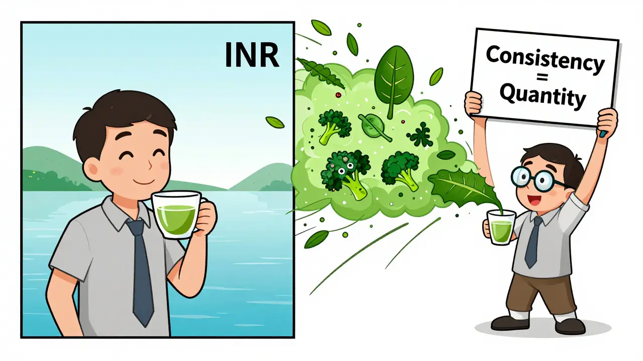 Split cartoon: calm tea drinker with steady INR vs. matcha drinker with chaotic blood symbols and spinning needle.
