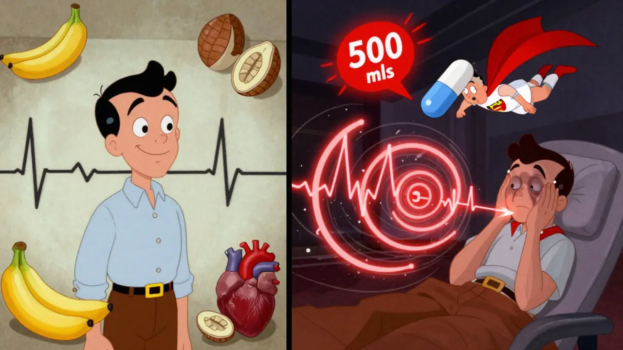 Split scene: healthy heart with good electrolytes vs. heart in arrhythmia spiral, rescued by a buprenorphine superhero capsule.