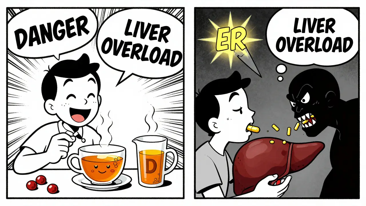 Split scene: safe immune support on left, dangerous goldenseal with menacing liver on right.