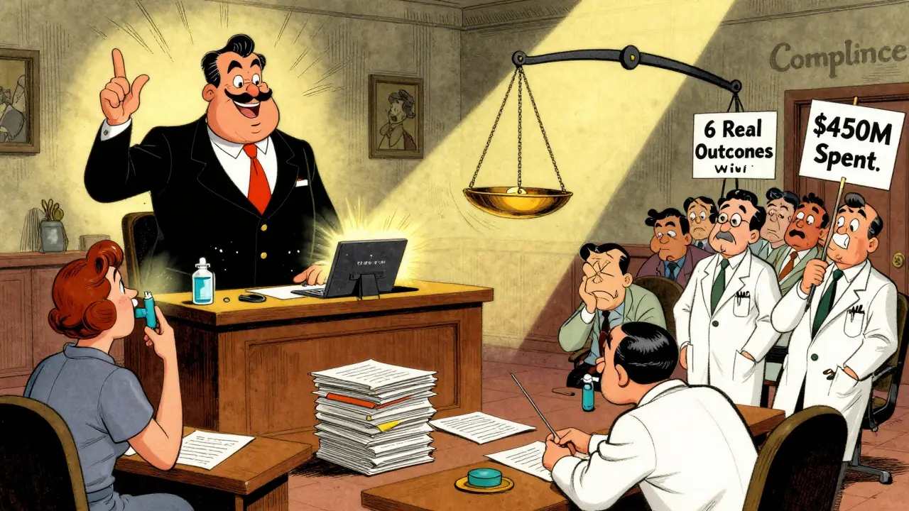 Surreal courtroom cartoon with drug company CEO on trial, patient holding lifesaver drug, doctors protesting delays.
