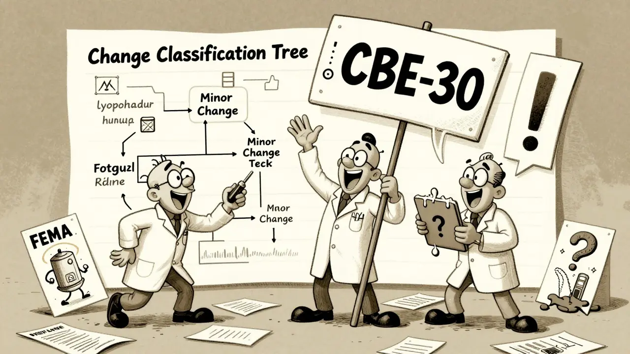 Three lab technicians argue over a giant flowchart with floating regulatory signs and a melting tablet in a Fleischer Studios cartoon style.