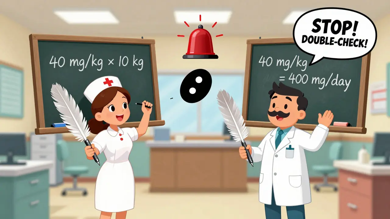Two healthcare workers double-checking pediatric dosage on floating chalkboards