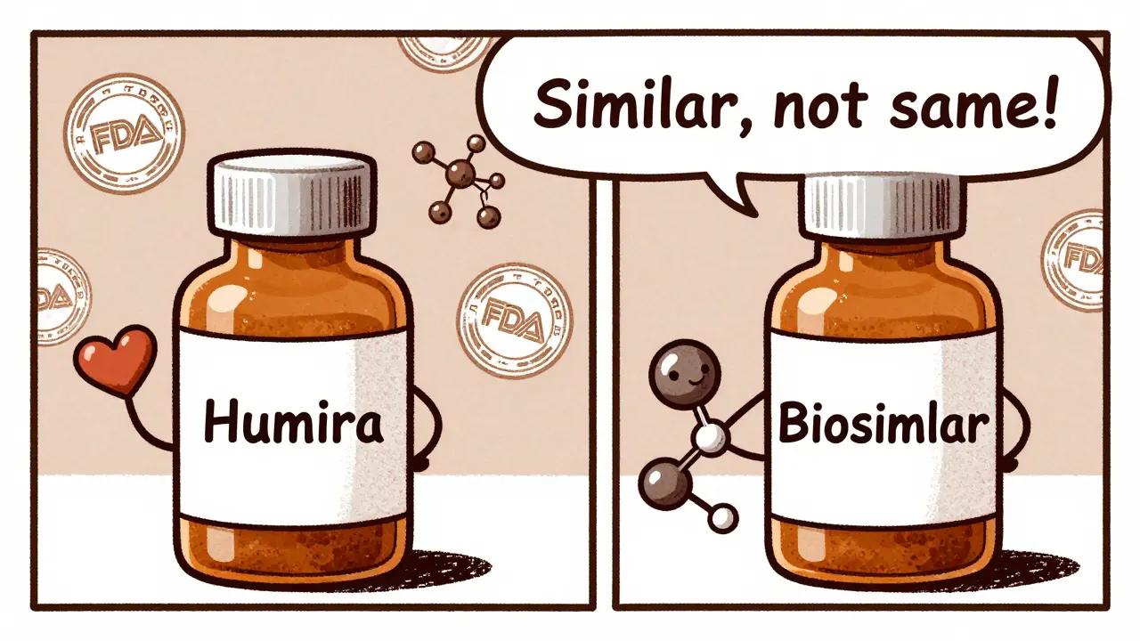 Two medicine bottles with cartoon molecular figures showing subtle structural differences.