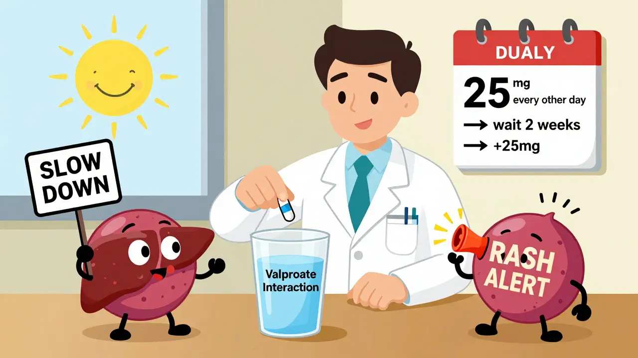 A doctor carefully lowers a lamotrigine pill into water while liver cells argue, with a calendar showing slow dosing steps.