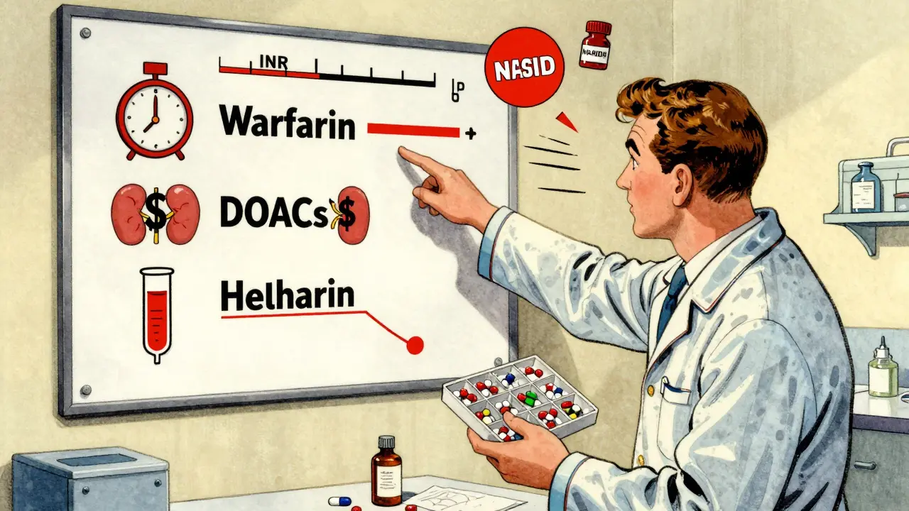A doctor explains blood thinner options on a chart while a patient holds a pill organizer with dangerous medications nearby.