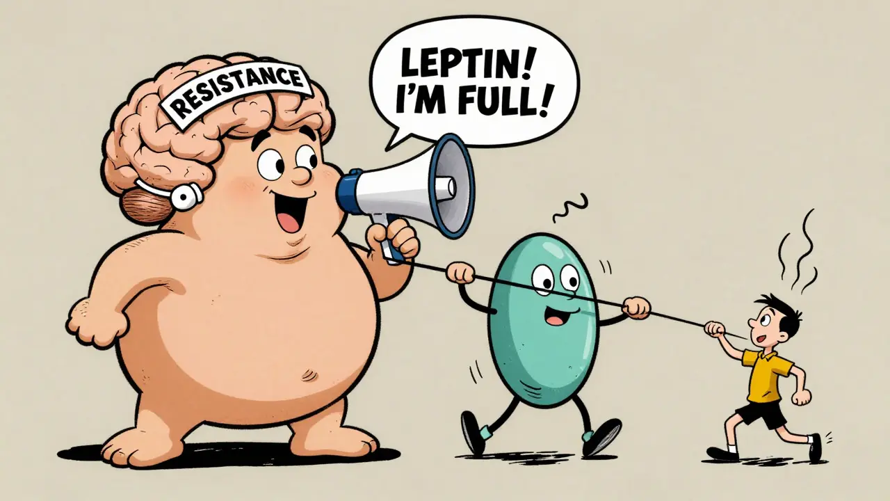 A fat cell shouting leptin while a brain ignores it, with hormones in tug-of-war, in vintage cartoon style.