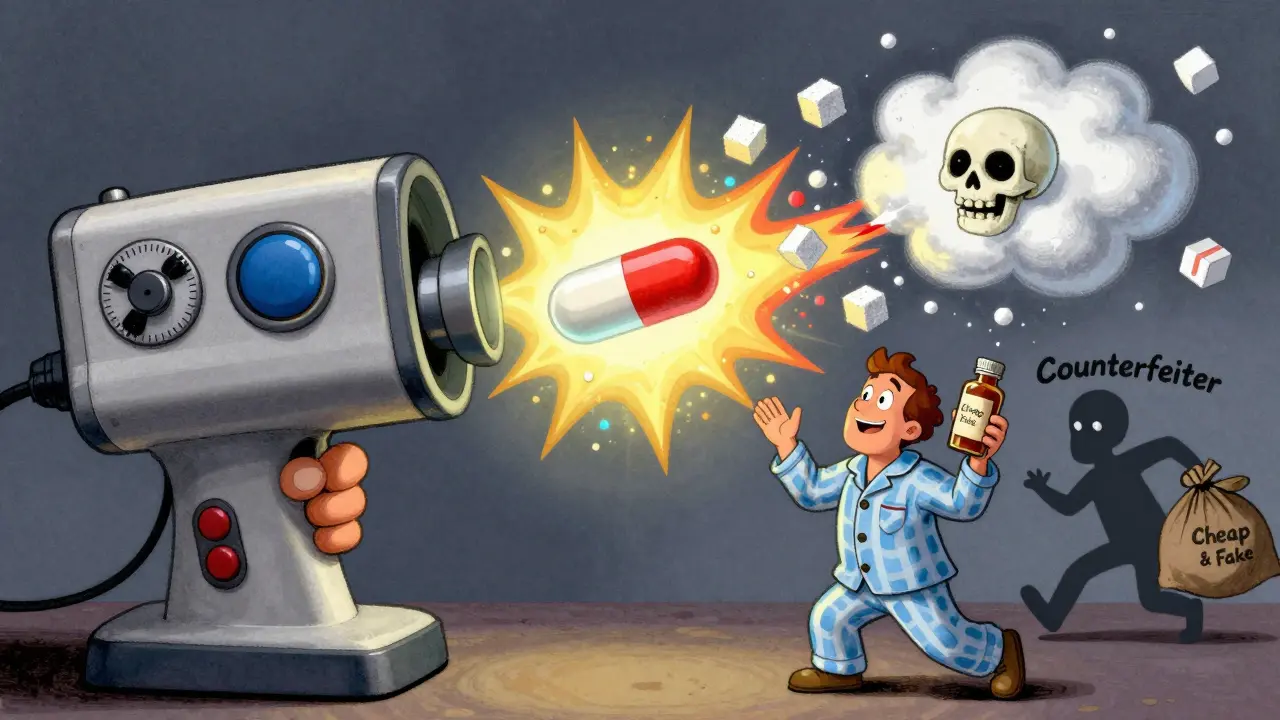 A handheld device scans a pill, showing its real chemical structure glowing brightly while the fake one explodes into chalk and a skull.