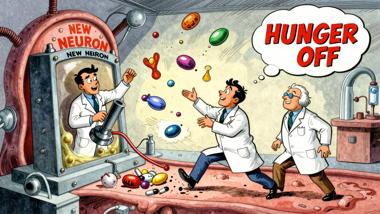 A neural switch flips to stop hunger, food frozen mid-air, as hormones fall like puppets, in Fleischer Studios style.