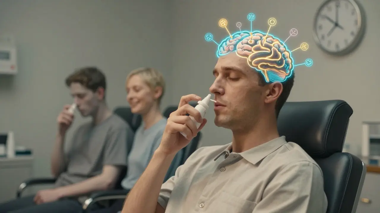 A patient using a nasal spray while glowing brain circuits activate around their head in a clinic.