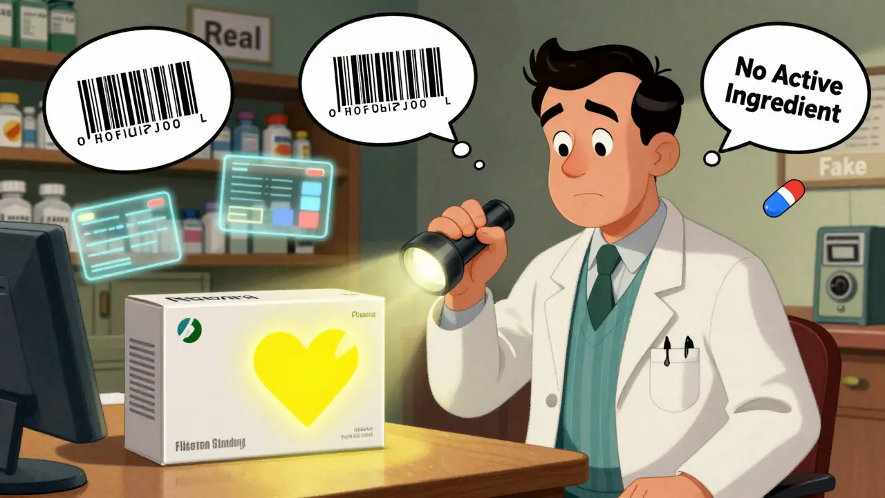 A pharmacist uses a UV light to reveal a hidden glowing logo on a real drug box, while a fake version remains dark and dull.