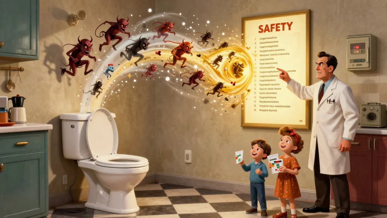 A toilet flushes dangerous pills into safety as an FDA agent watches over a family.