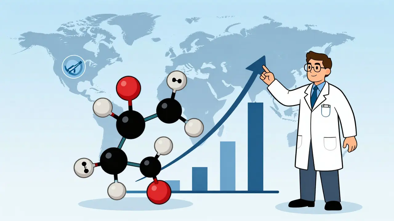 Biosimilar molecule transforming in lab with growth chart and regulatory harmony.