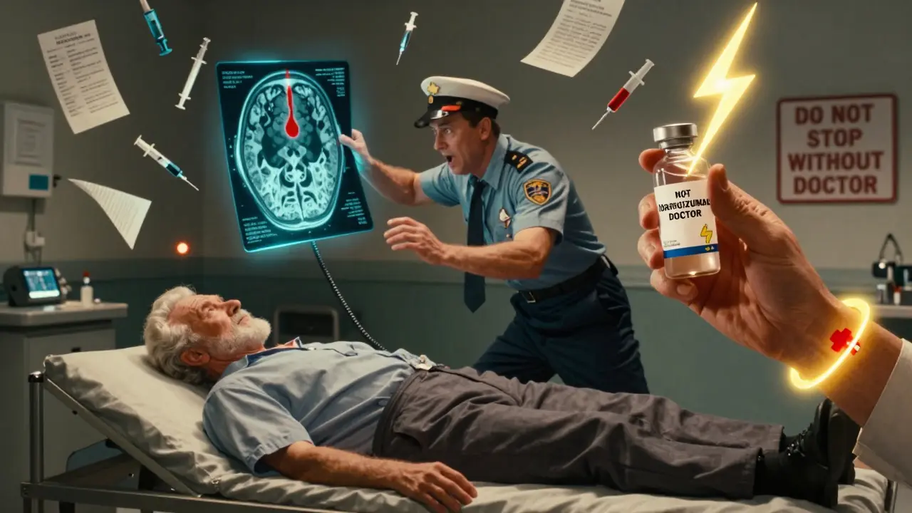 Paramedics rush a patient with a brain bleed, a reversal agent vial glowing nearby, medical bracelet visible on wrist.