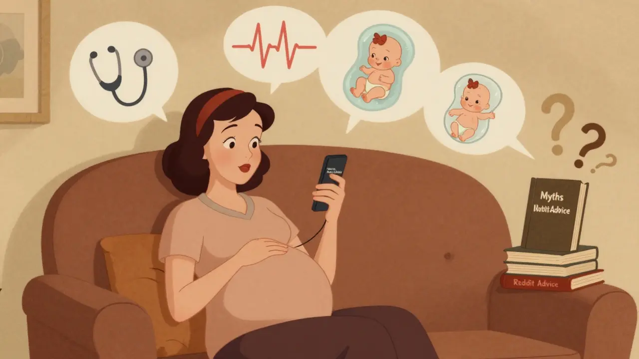 Pregnant woman on sofa talking to MotherToBaby, with medical icons and myths blowing away in wind.