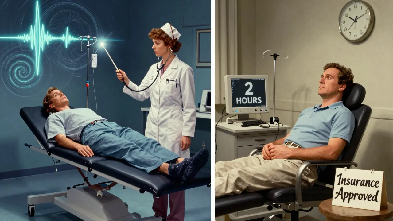 Side-by-side scenes: one intense IV ketamine session, one calm esketamine treatment under supervision.