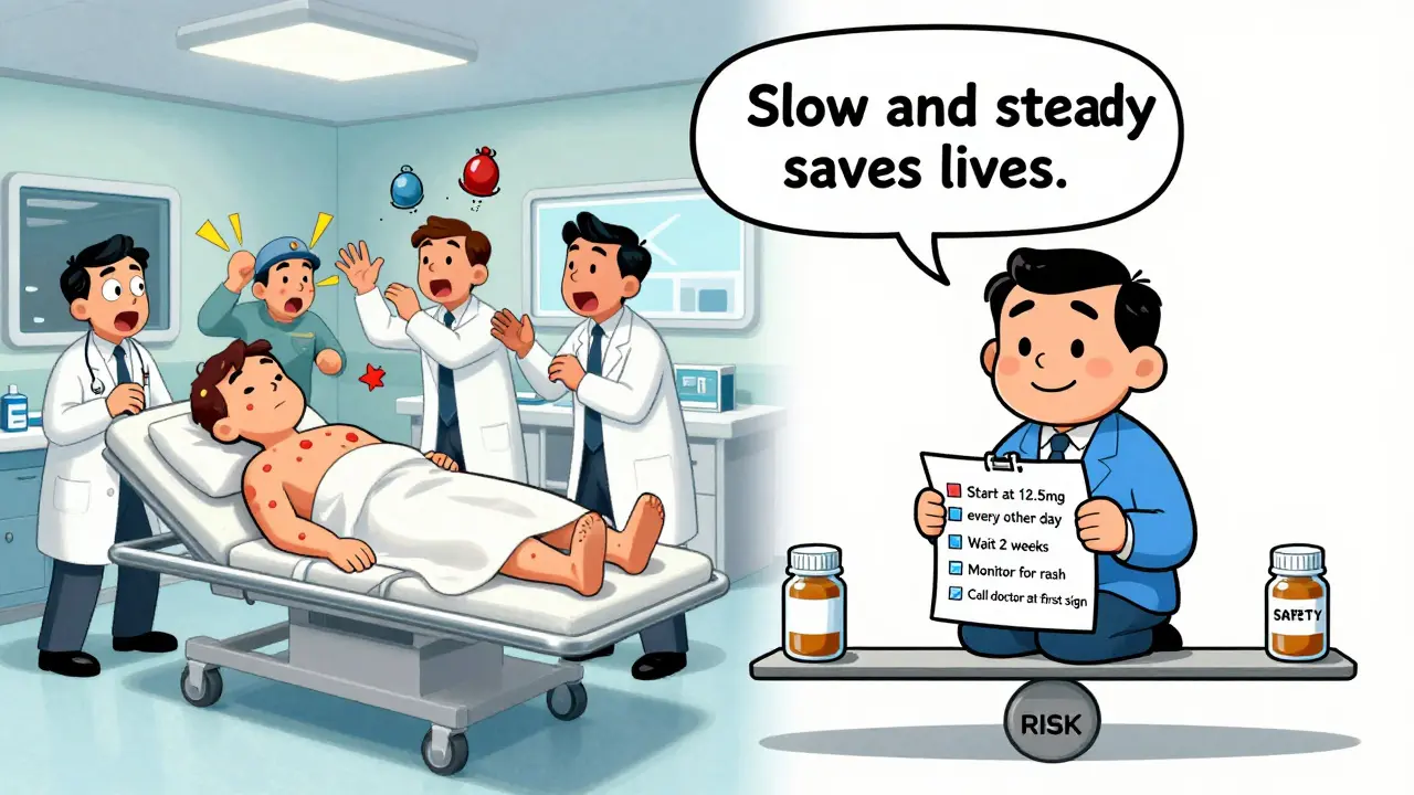 Split scene: chaotic ER on left, calm patient with safety checklist on right, symbolizing risk vs. safe dosing.
