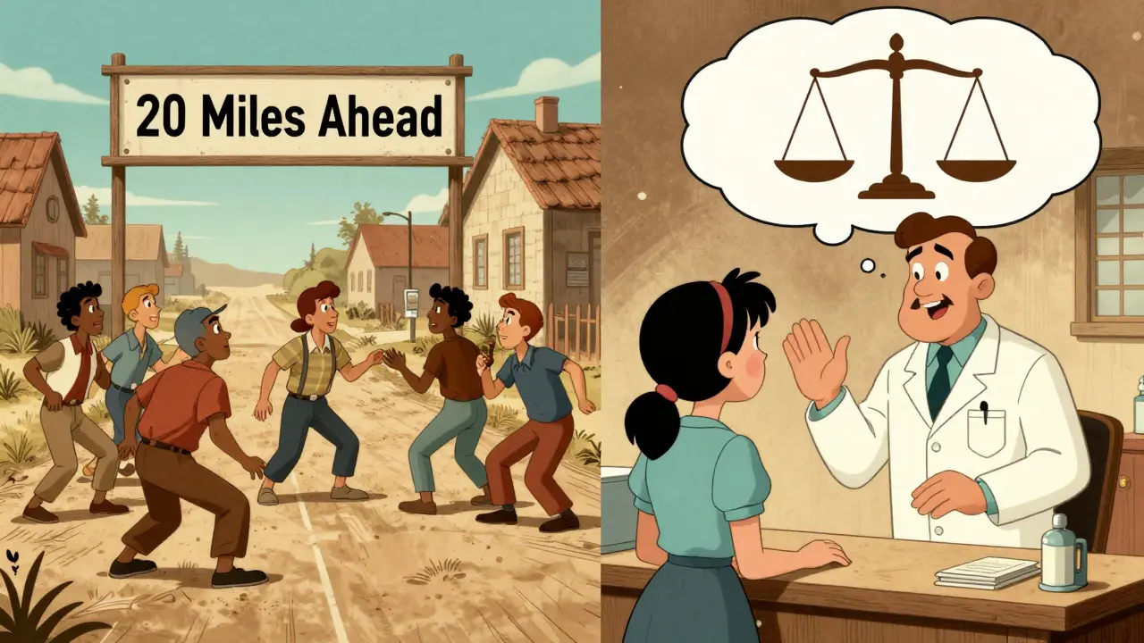 Split scene showing rural hardship and pharmacist refusal, with exaggerated expressions and motion lines.