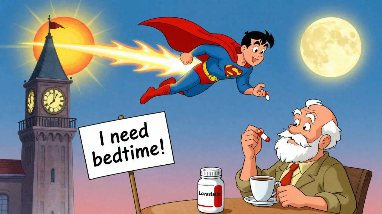 Superhero statin pill flying from dawn to dusk, with a patient taking it during breakfast.