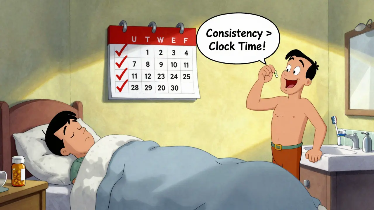 Two patients: one forgetting pill at night, another taking it with toothbrush in morning sunlight.