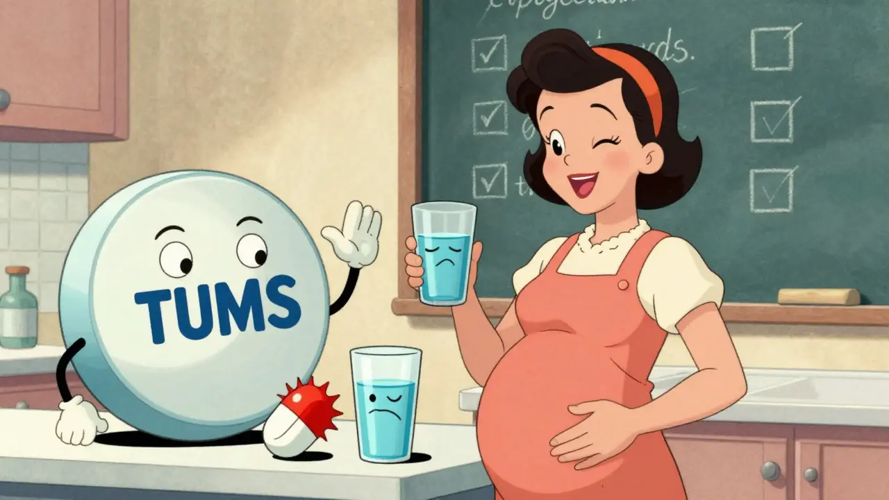 Woman mixing Miralax as friendly Tums tablet waves off a frowning ibuprofen pill.