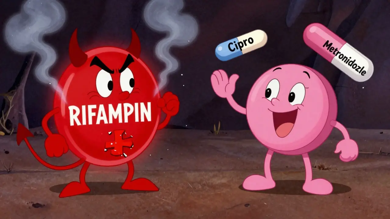 A menacing rifampin pill with horns destroys a hormonal symbol, while other antibiotics float safely beside a birth control pill in classic cartoon style.