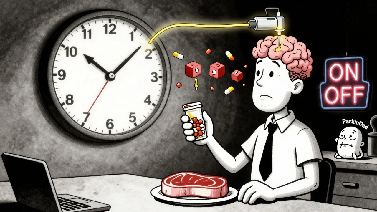 A patient caught between 'ON' and 'OFF' signs, with protein blocks blocking a pill's path.