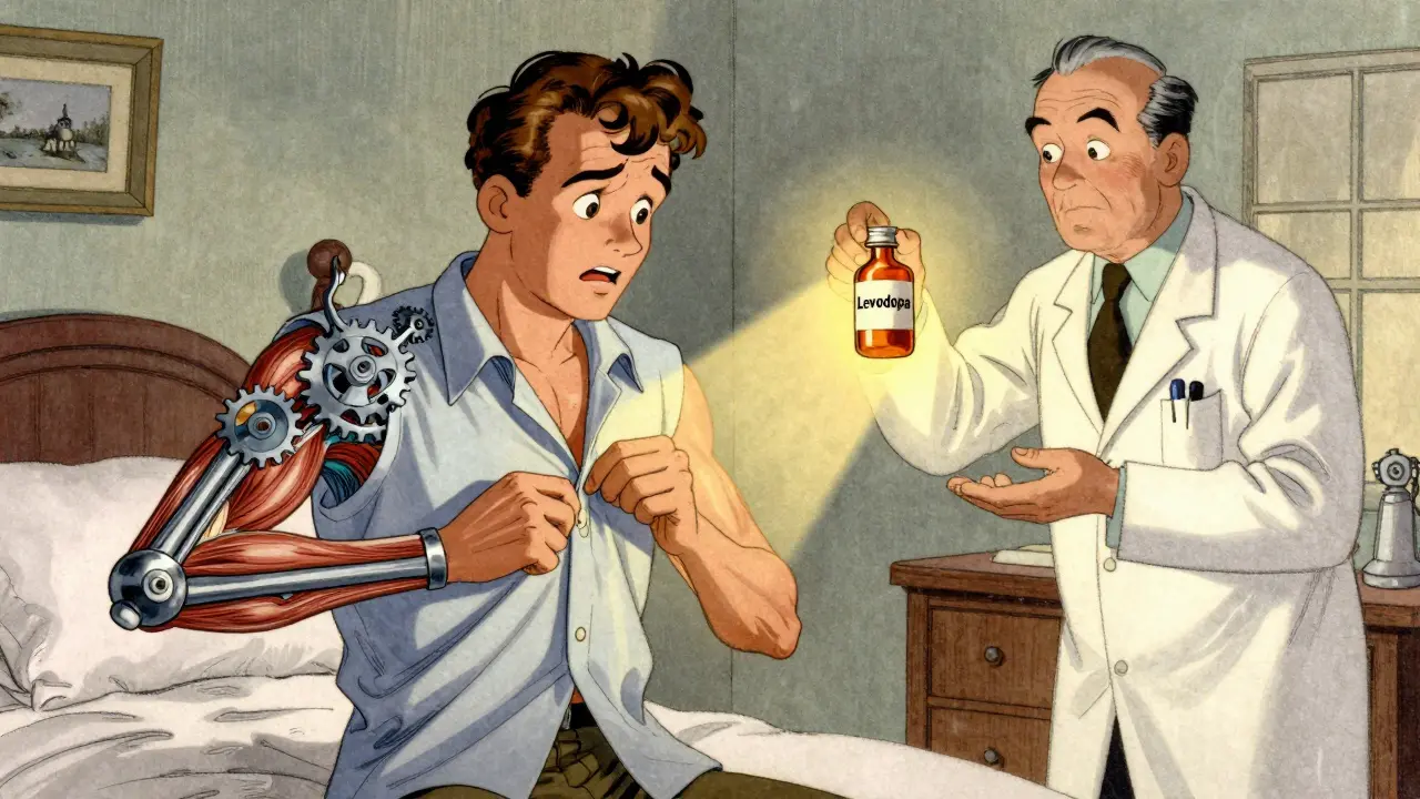 A person struggling to button a shirt with cogwheel stiffness, while levodopa glows nearby.