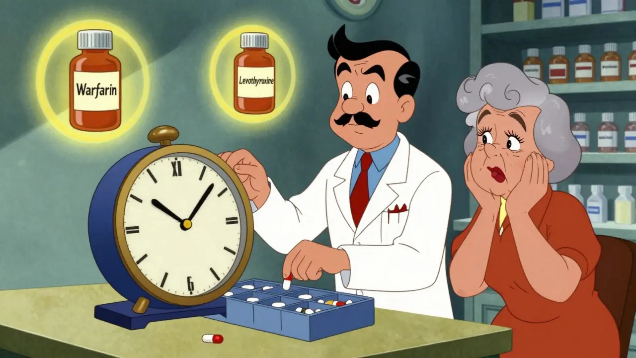 A pharmacist organizing pills in a clock-shaped organizer while an older woman watches, with cautionary drug bottles glowing nearby.