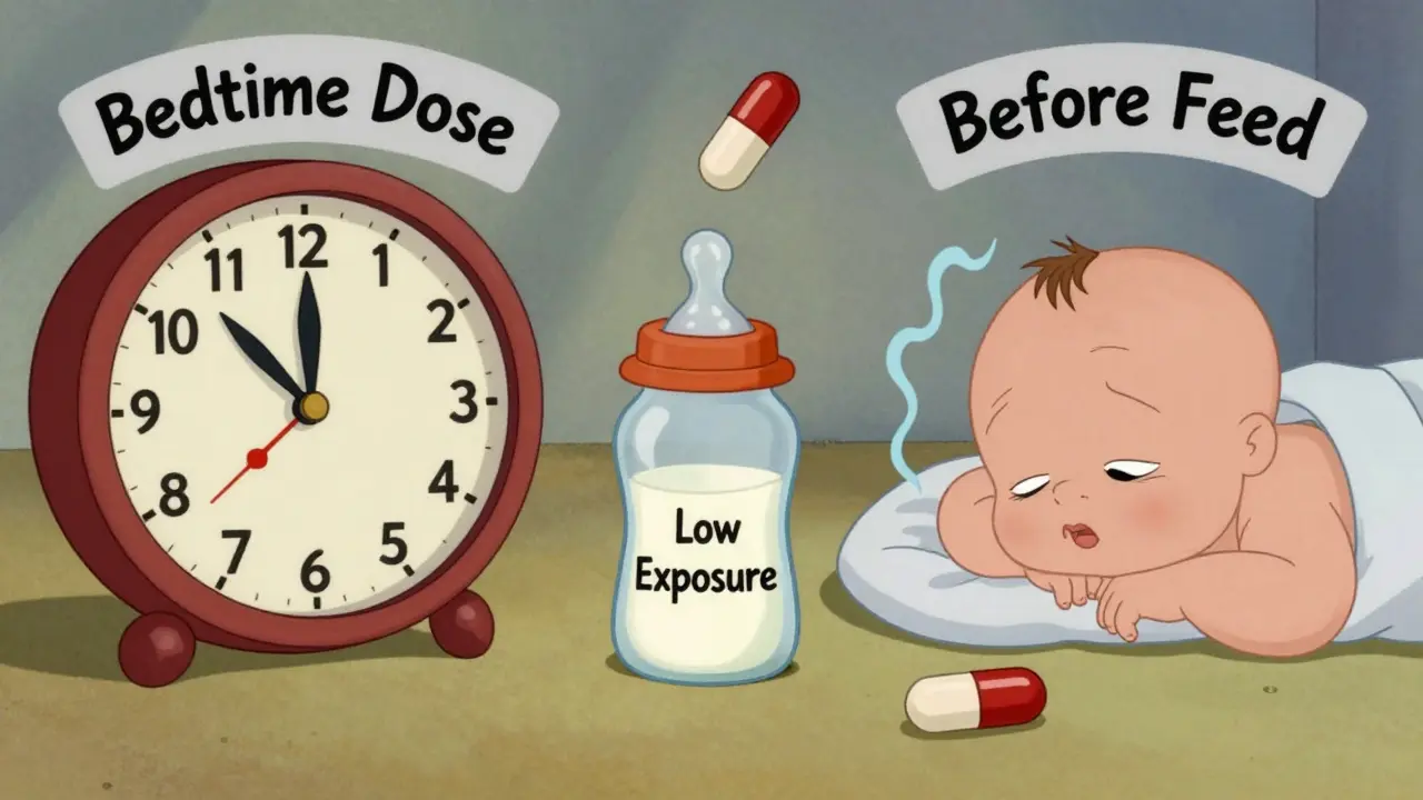 A sleepy baby beside a bedtime pill contrasts with a drowsy baby beside a pre-feed pill, showing timing effects.