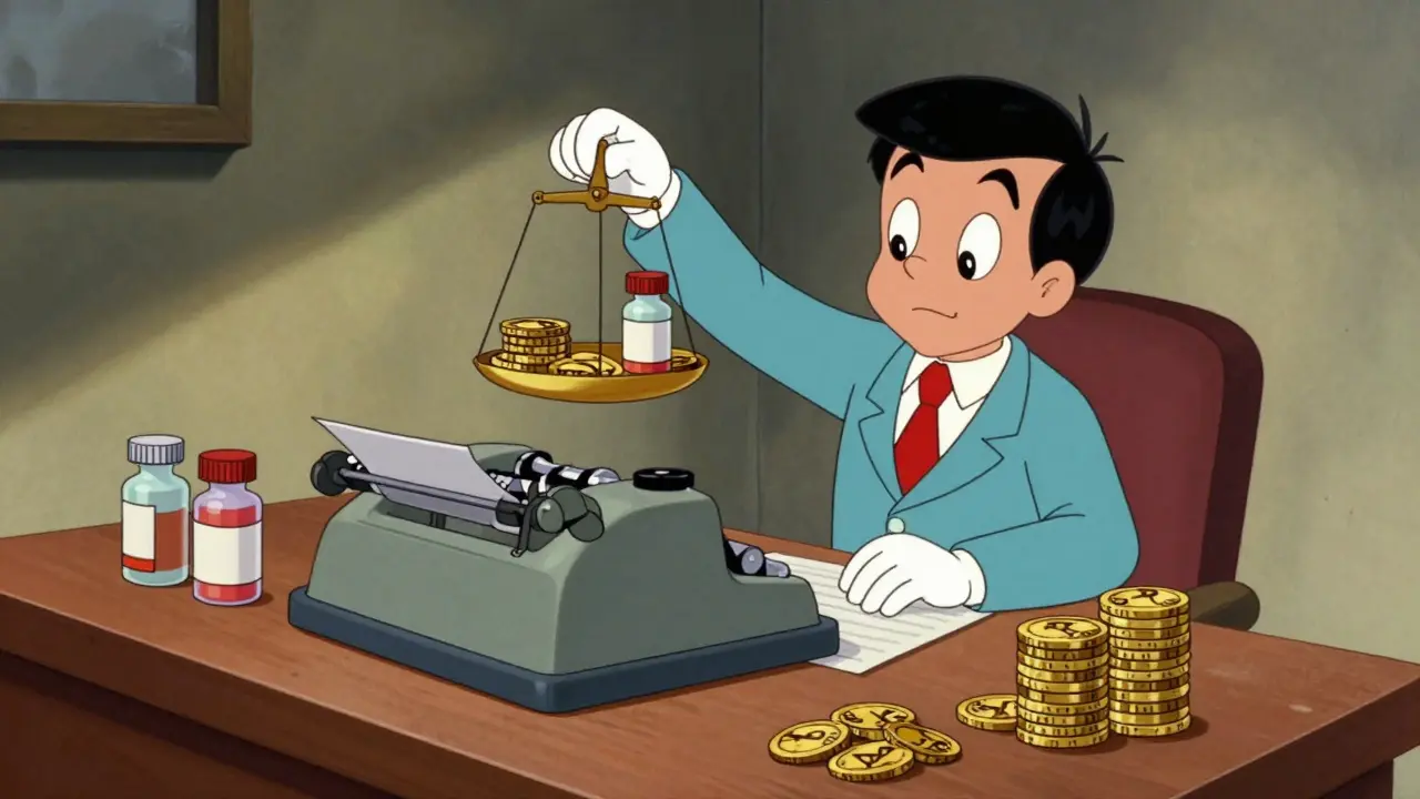 Animated clerk balancing coins and vials on a scale.